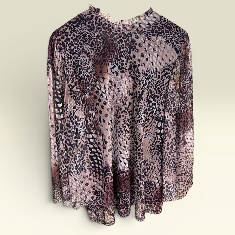 Chico's 3 (XL) Cheetah Snake Print Mesh Top Sheer Bell Sleeve Blouse Mock Neck